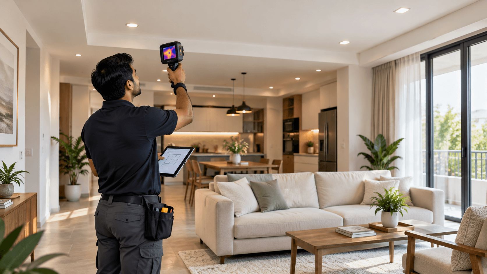 Griha inspector scanning a living-room ceiling with a thermal camera during a home inspection